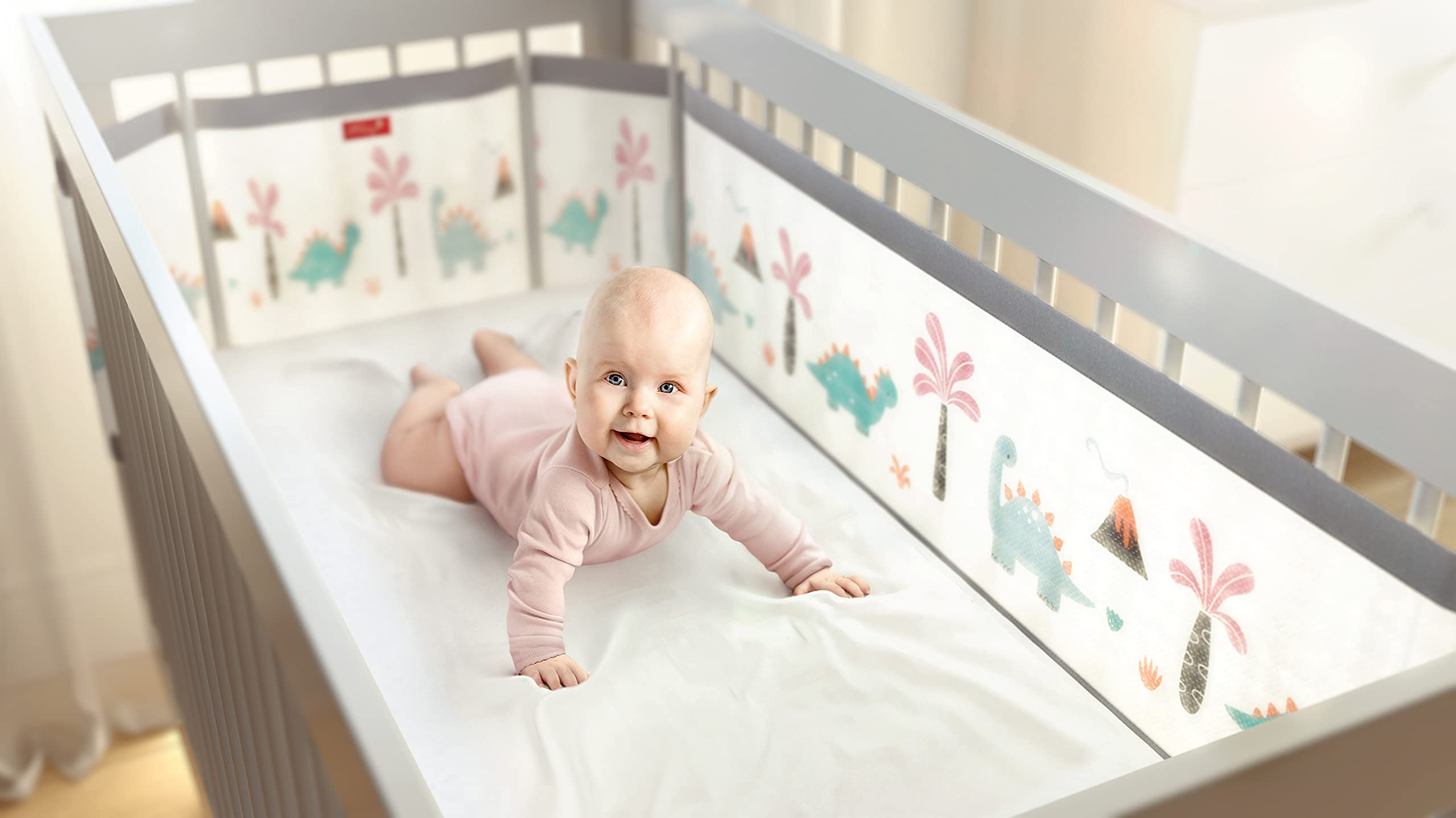 Airoya® 4-Sided All-Round Breathable Cot Bumper,Premium 6mm Thick Protection, British Safety Compliance BS EN-16780, Airflow Safe 3D Mesh, Limited Edition (Dino)