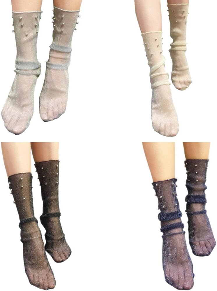 MaiYi Summer Sheer Slouch Socks Transparent Lace Loose Socks - Snowflake/Stars/Polka Dot/Mesh/Silver Silk