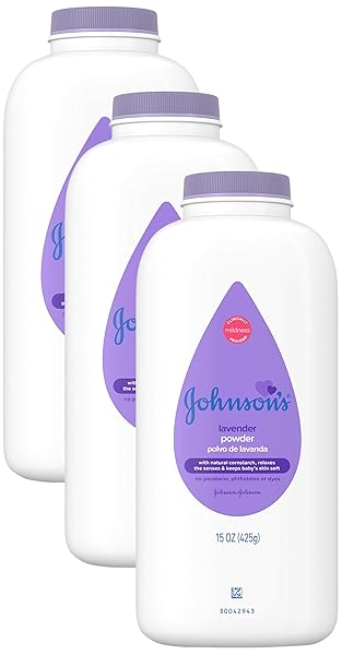 JOHNSON’S LAVENDER BABY POWDER WITH NATURALLY DERIVED CORNSTARCH, HYPOALLERGENIC AND PARABEN FREE, 15 OZ (PACK OF 3)