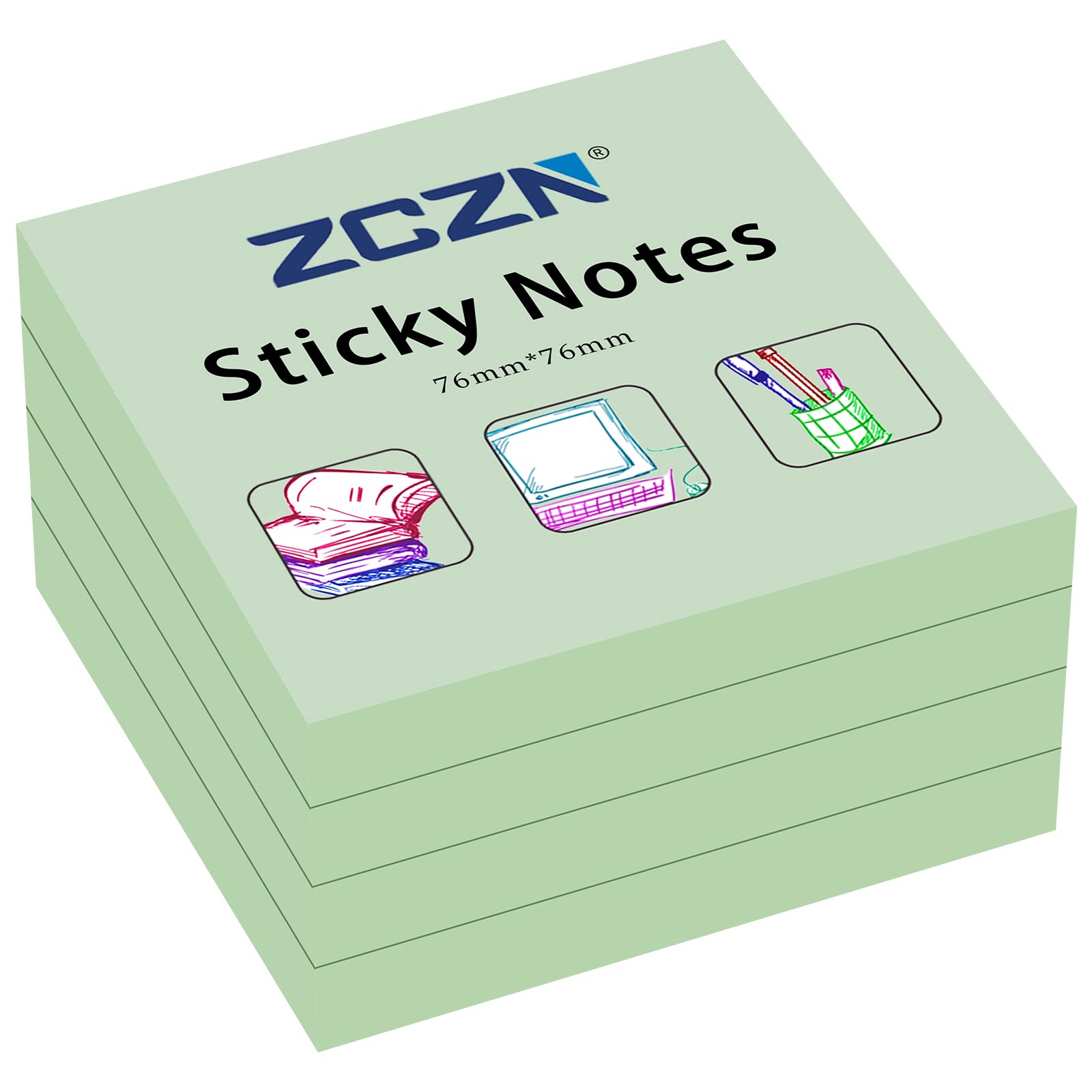 ZCZN 76 x 76 mm Sticky Notes, 100 Sheets/Pad, 4 Pads, Light Green