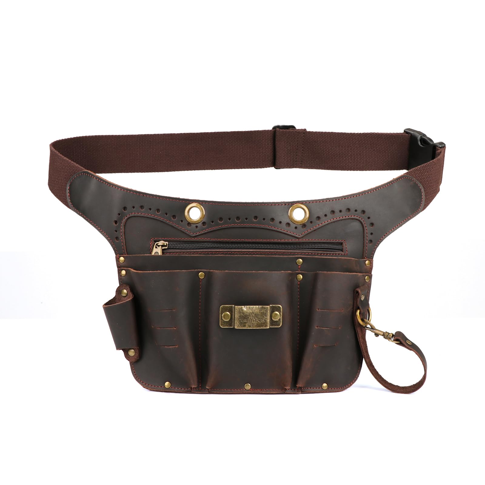 TOURBON Genuine Leather Tool Belt Pouch with Adjustable Waist Belt Hammer Loop for Electrician Carpenters Gardener Bag