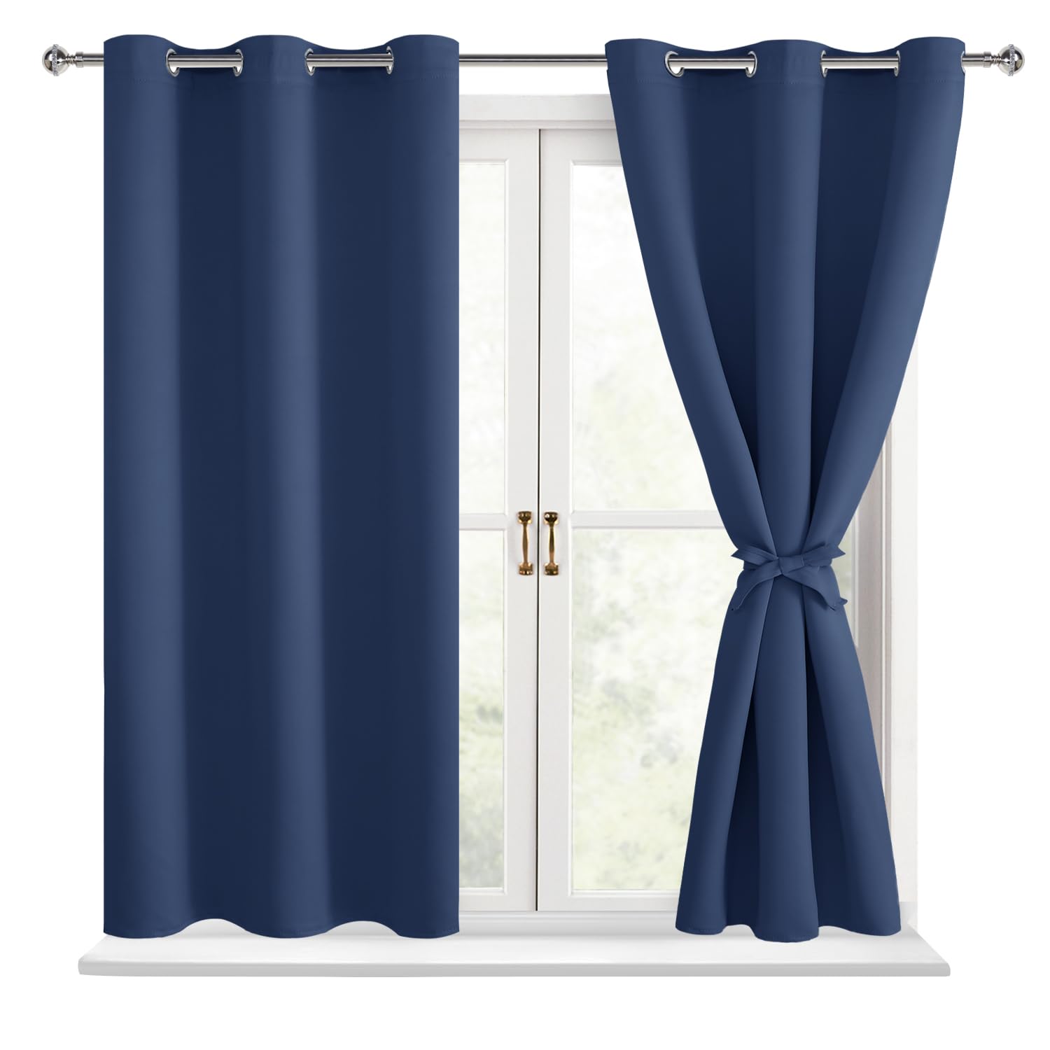 Hiasan Blackout Curtains for Bedroom - Light Blocking & Noise Reducing Window Curtains for Living Room, 2 Drape Panels Sewn with Tiebacks, Navy, 38 x 54 Inch Image