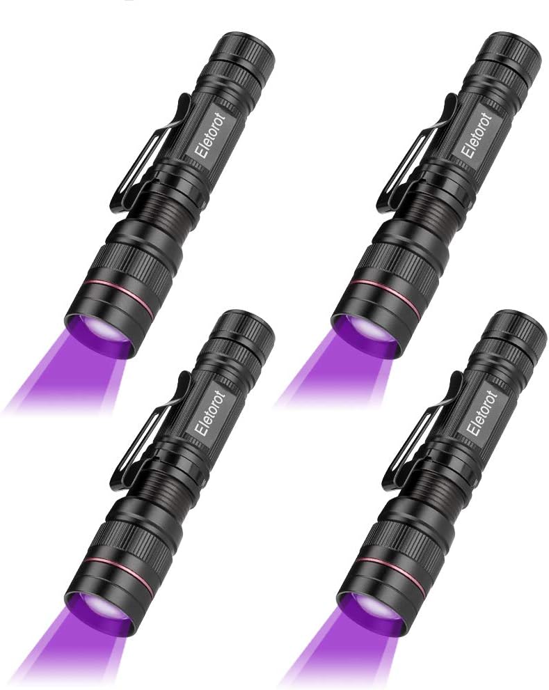 Eletorot UV Torch LED Black Light Flashlight Ultraviolet Torch 395nm Lights,3-modes light,Pet Urine Detector Find Stains on Clothes floor Carpet Rugs and authenticate currency[Energy Class A+]（4 Pack）