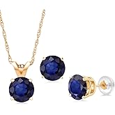 Gem Stone King 14K Yellow Gold Blue Sapphire Pendant Earrings Jewelry Set For Women | 1.50 Cttw | Gemstone September Birthstone | Round 5MM | with 18 Inch Chain