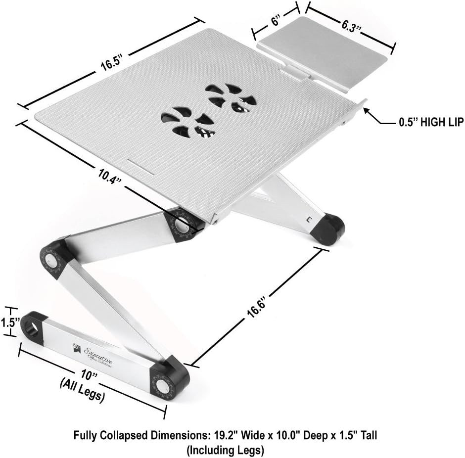 Executive Office Solutions Portable Adjustable Aluminum Laptop Desk/Stand/Table Vented w/CPU Fans Mouse Pad Side Mount-Notebook-MacBook-Light Weight Ergonomic TV Bed Lap Tray Stand Up/Sitting-Silver: Computers & Accessories