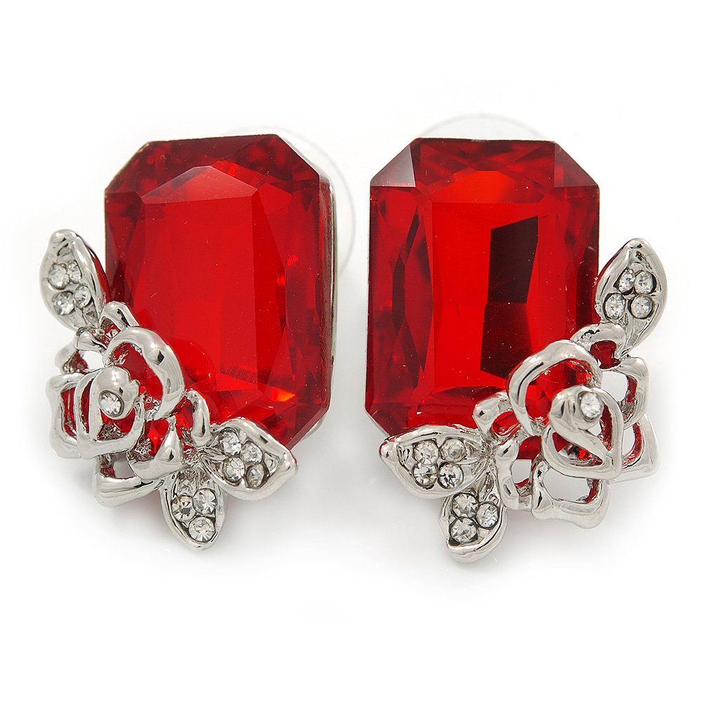 25mm L/Red Square Glass with Rose Motif Stud Earrings/Rhodium Plating