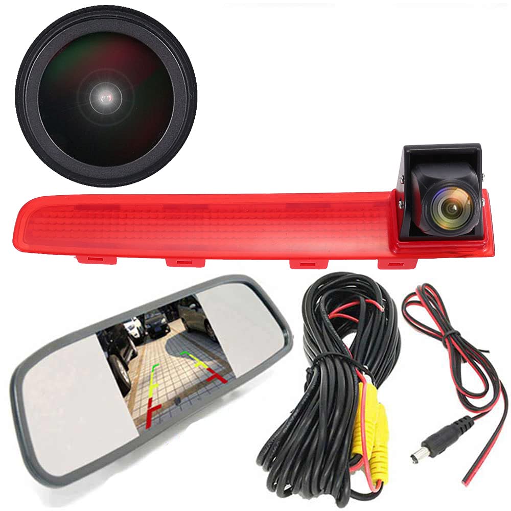 HD IP68 1280 Pixels Reversing System Brake Light Reversing Camera Van Roof Camera Parking Aid with Angle Adjustable Night Vision Compatible with V W T5 Multivan T6 Caravelle MPV SUV + Rear View Mirror