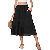 AYIFU Women's Summer Midi Skirt Tiered Flowy High Waist A-Line Elastic Ruffle Casual Skirts with Pockets