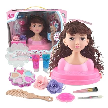 Leoie Makeup Doll Head Girls Playset with Beauty and Fashion Accessories [Standard] Big Wave air Bangs