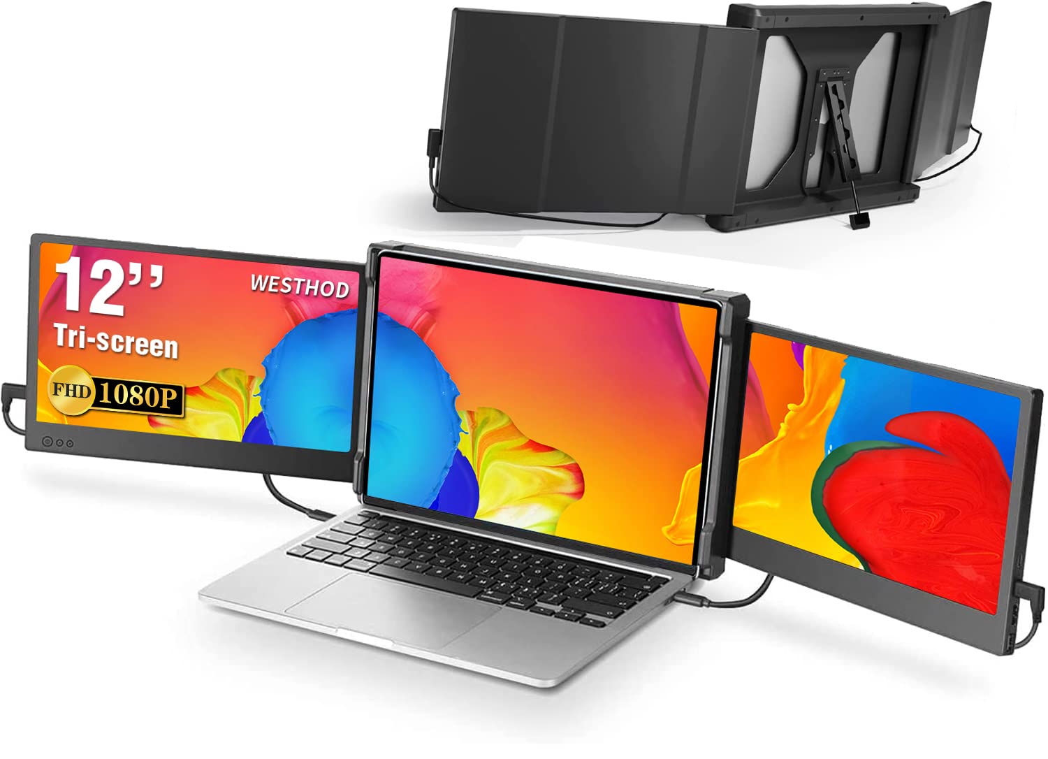 WESTHOD Laptop Screen Extender, 12'' Portable Monitor for Laptop FHD IPS Triple Monitor Display, HDMI/USB-A/Type-C Plug-Play Tri-Screen for Windows, Chrome, Mac and Switch, Work with 13”-16” Laptops