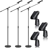 DoubleFill 3 Pack One Hand Microphone Stand with Weighted Heavy Round Base | Weighted Round Base, 3 to 5.3 ft Height Adjustment Microphone Stand, Telescoping Mic Boom Arm, Mic Holder for Singing Concert