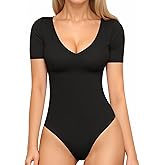 MANGOPOP Women's Short Sleeve Bodysuit Sexy V Neck Body Suit Fitted Going Out Tops(Black,X-Large)
