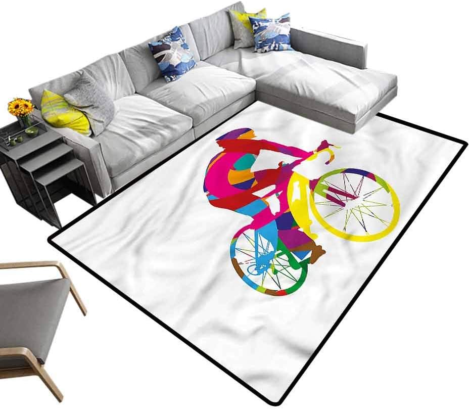 Modern, Home Decor Rug Rainbow Colored Cyclist Bike Rectangle Area Rug for Living Room Kids Room, 7'x 7'