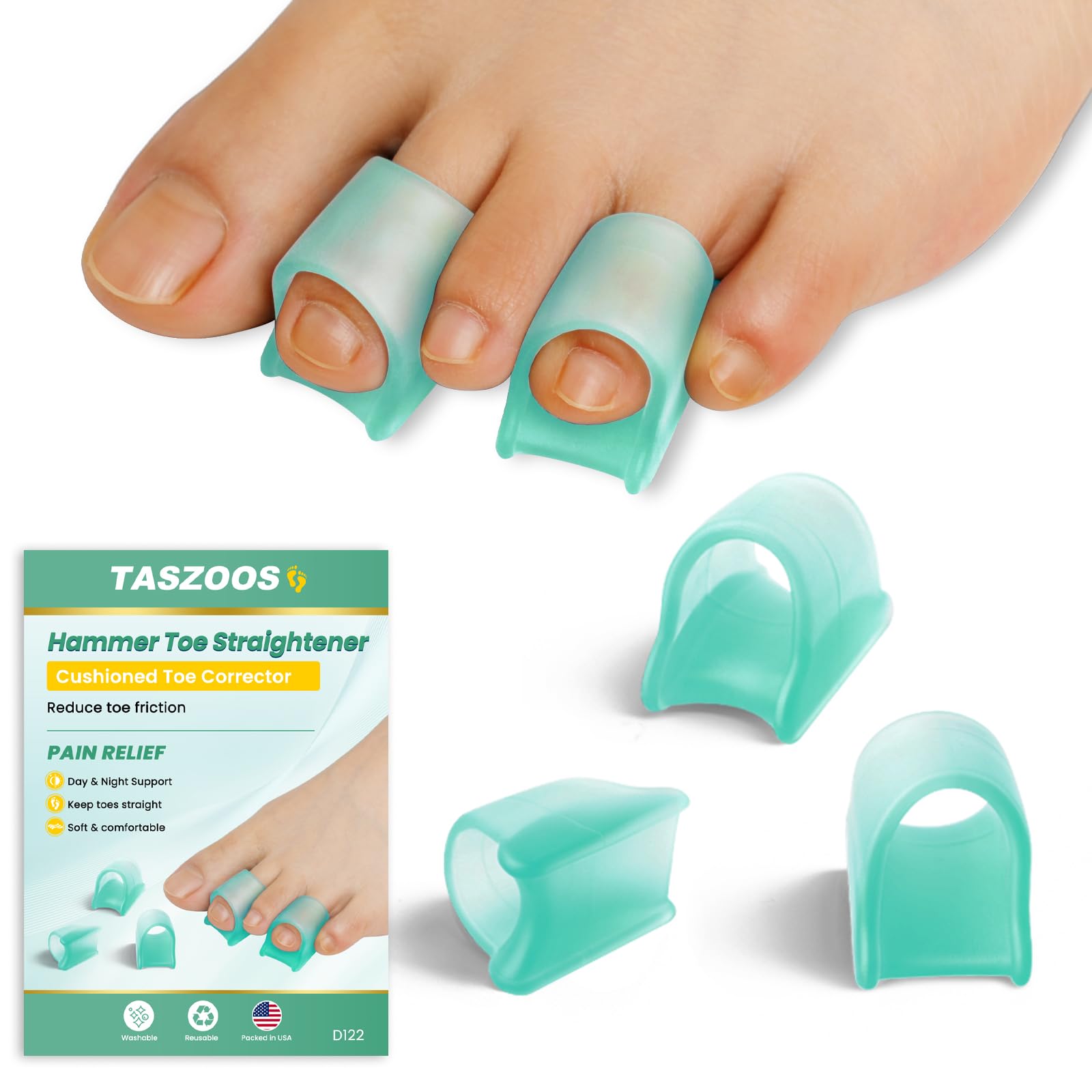 Photo 1 of TASZOOS Hammer Toe Straightener Corrector for Women & Men - 6pcs(Green) - Hammer Toe Straightener, Gel Toe Splints - Realign Bent, Curled, Crooked, Claw, Hammer Toes - 3 Different Sizes (S/M/L)
