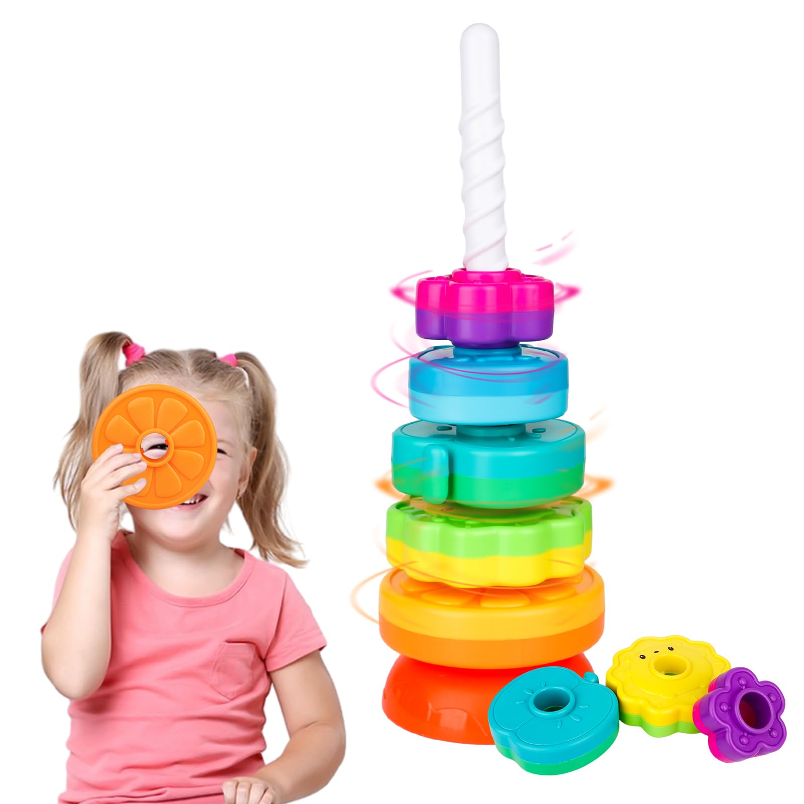 Photo 1 of PracticeJQDEN Educational Baby Spinning Stacking Toy, Stacking Rings Baby Toy, Montessori Learning Toys for Toddlers, Fine Motor and Sensory Toys for Kids, Gift for Baby Girls Boys Age 12+ Months