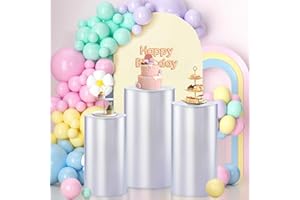 Fanqisi Silver Cylinder Pedestal Stand Covers: Set of 3 Cylinder Plinth Spandex Stand Covers for Party - Baby Shower Birthday Decorations