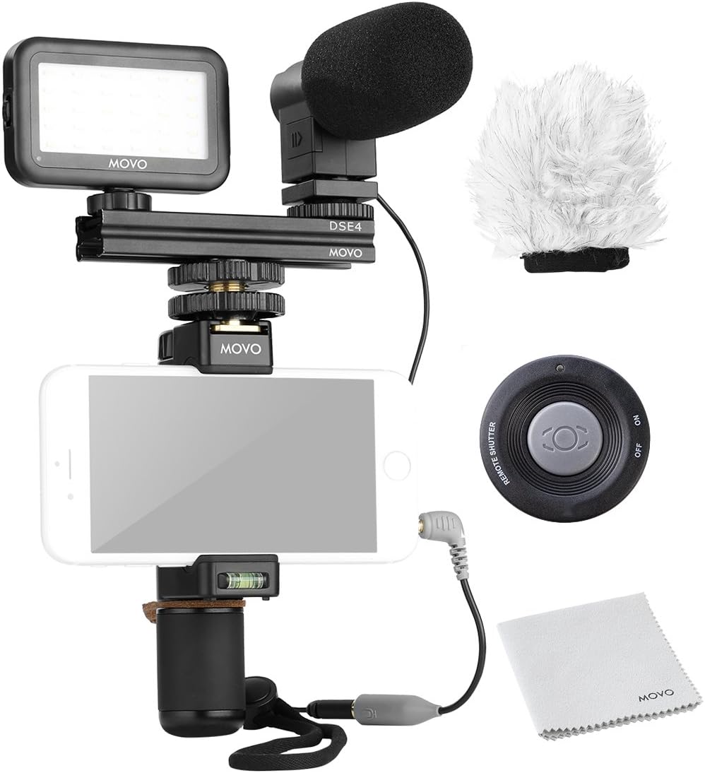 Movo Smartphone Video Kit V6 with Grip Rig, Mini Stereo Microphone, LED Light & Wireless Remote - for YouTube, TikTok, Vlogging Equipment for iPhone/Android Smartphone Video Kit