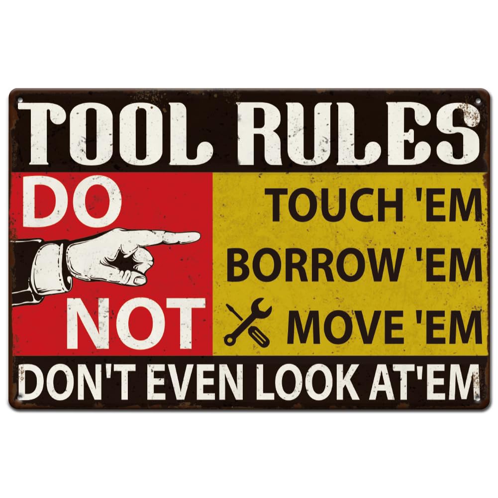 Hobbspring 1pc Funny Tool Rules Don't Garage Decor 30x20cm Metal Tin Garage Sign Vintage Wall Art Decorations with 4 Pre-Drilled Holes for Bar Home Garage Wall Decor