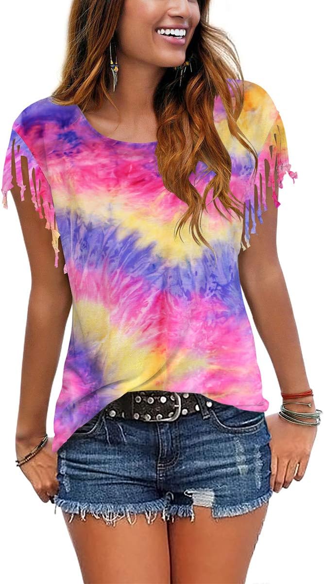 Cosonsen Women's Tassel Short Sleeve Round Neck T-Shirt Top Casual Summer Tee