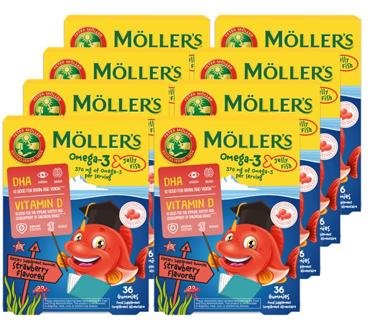 Möller's Omega 3 Kapseln für Kinder | Natürliche Omega 3 Fischtran mit Erdbeergeschmack | Mit DHA und EPA | Leicht zu kauen | Ohne Gluten, Laktose und