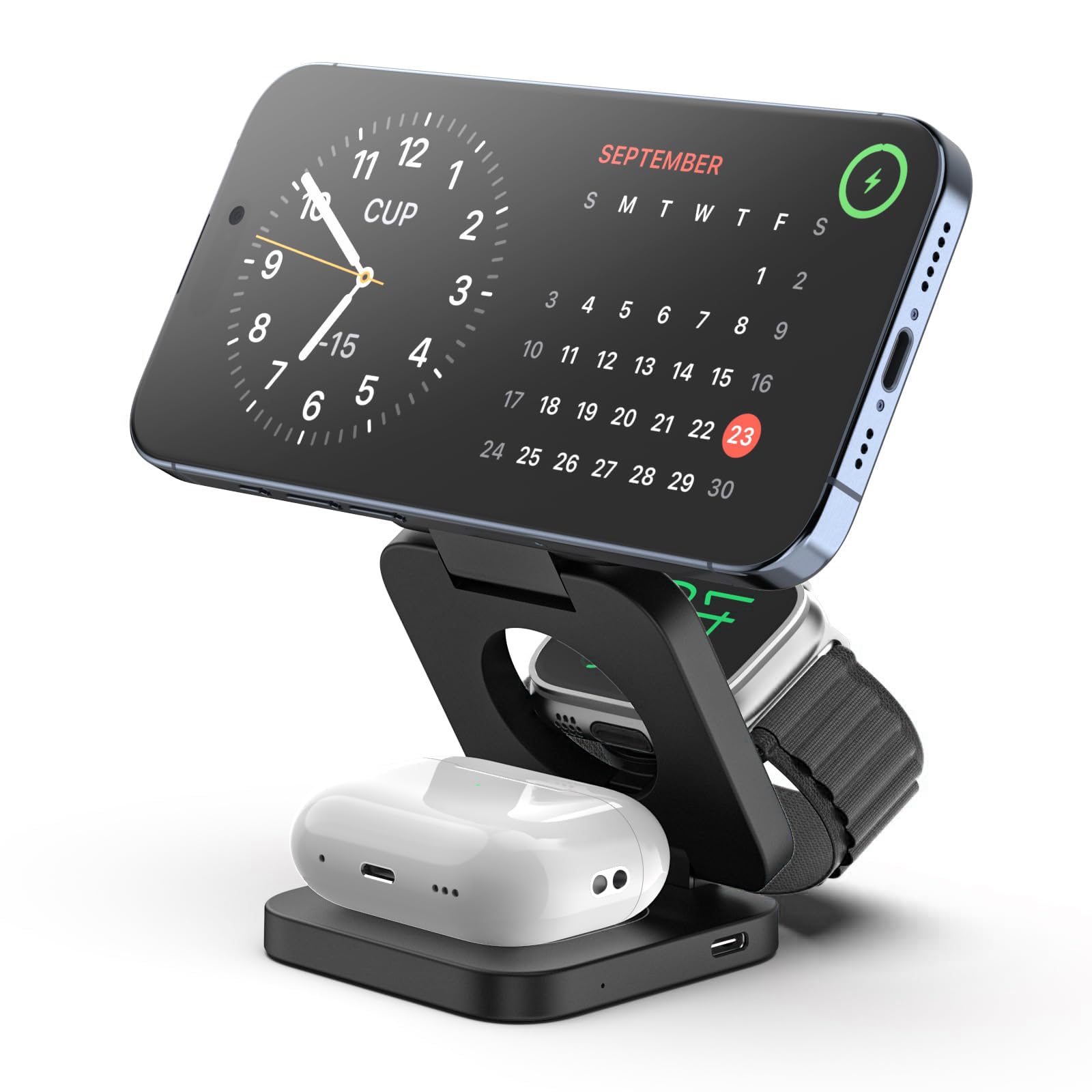 KU XIU Fast Wireless Charger, Magnetic Foldable 3 in 1 Charging Station for iPhone 17/16/15/14/13/12/Pro/Plus/Pro Max, 5W Portable Charger for Apple Watch10/9/8/7/6/5/4/3/SE, for Airpods3/2/Pro-Black