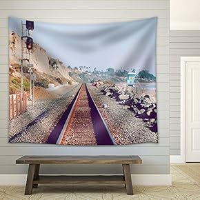 Railway Along Beach in Summer Vacation - Fabric Wall Tapestry Home Decor - 51x60 inches