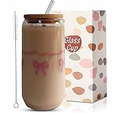 MEOGUTYI Pink Bow Cup, Cute Bow Glass, 16 OZ Glass Cups with Lids and Straws, Coffee Cup, Gift for Her in Graduation Season, Mother's Day, Valentine’s Day, Birthday, Christmas Day