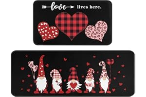 Xsinufn Valentines Day Kitchen Rugs Set of 2,Valentines Anniversary Wedding Holiday Gnomes Buffalo Plaid Hearts Decorative Low-Profile Mats for Home Kitchen,Love Lives Here(17.7x47.2+17.7x23.6 Black)