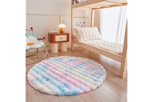Chovy Rainbow Round Faux Fur Plush Area Rug, 3'X3', Modern Style, High Pile, Indoor Use