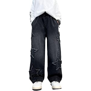 Boys Baggy Jeans Y2K Star Patchwork Jeans Straight Wide Leg Denim Pants Kids Casual Elastic Waist Loose Trousers Streetwear