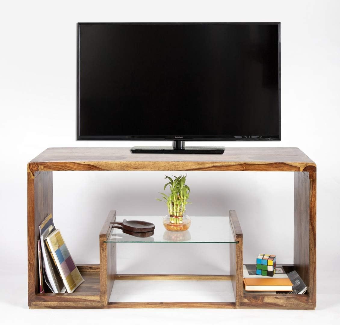 Ikiriya Solid Sheesham Wood TV Stand Home Entertainment Unit with Storage Shelf for Living Room Bedroom Hall Home Office Décor Wooden Furniture (Teak Finish)
