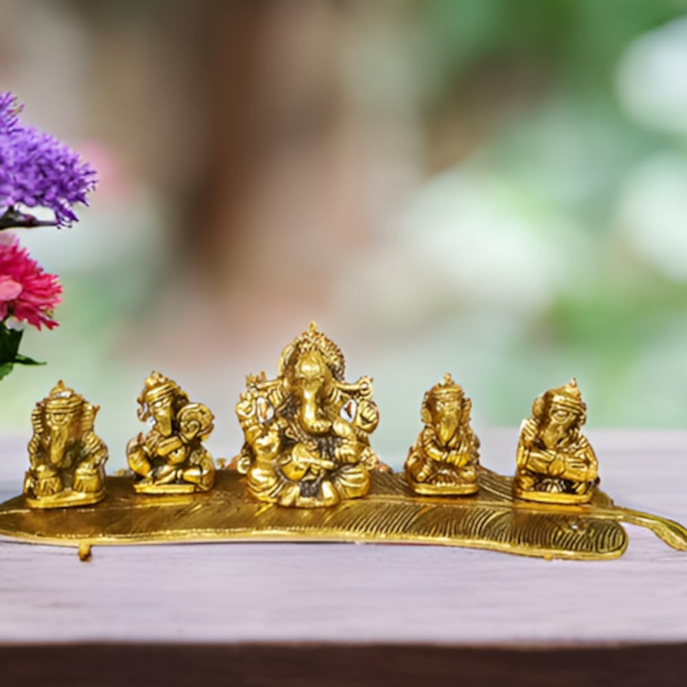 Purpledip Metal Idol Ganesha on Banana Leaf: Set of 5 Ganeshas Playing Divine Music (11551)