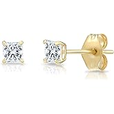 Solid 14k Yellow Gold Square Solitaire Cubic Zirconia Princess-cut CZ Real Gold Square Stud Earrings for Men and Women