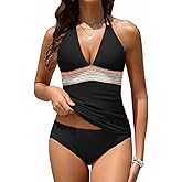 Women Tummy Control Tankini Swimsuit - Halter Swimsuit Two Piece Bathing Suit Color Block 2025 Swimwear
