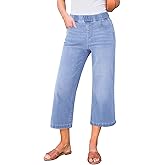 GRAPENT Capri Jeans for Women Wide Leg High Waisted Effortless Flow Pull On Stretchy Denim Elastic Waist Pants with Pockets