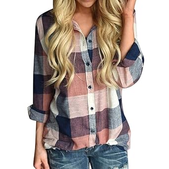 VJGOAL Damen Bluse, Damen Mode lässig passenden Farbe herbstlichen Langarm-Taste lose Kariertes Hemd Bluse Top T-Shirt