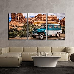 3 Piece Canvas Wall Art - Vehicle Driving Through The Grand Canyon - Modern Home Art Stretched and Framed Ready to Hang - 16"x24"x3 Panels