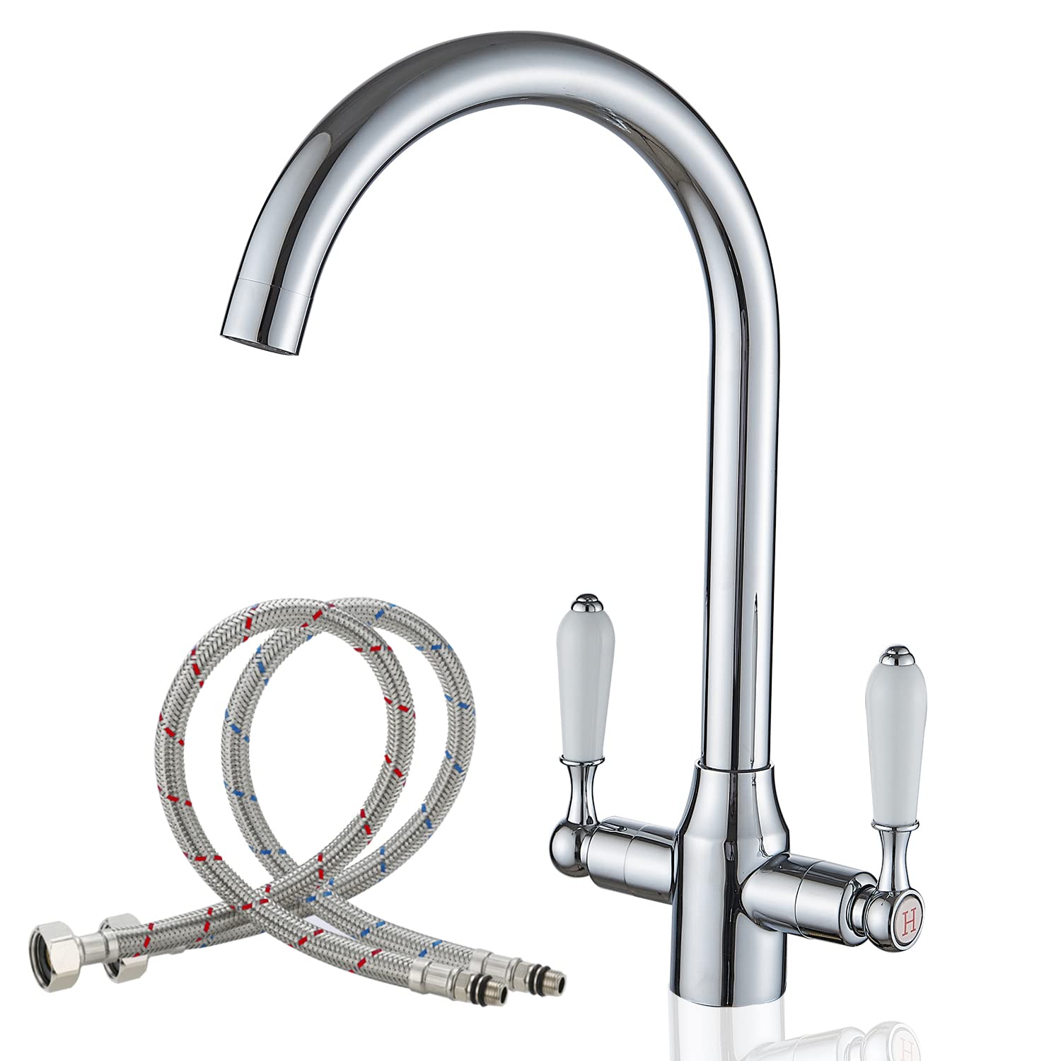 Kitchen Taps Mixer Chrome Surface Brass Material Dual Lever 1 Hole for Kitchen Sink or Bar with UK Standard Fitting Hoses Hot and Cold Mixer Taps
