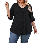 Beauhuty Women's Plus Size Shirts V Neck Ruffle Tops Dressy Casual 3/4 Bell Sleeve Blouses Business Trendy Work Tunic