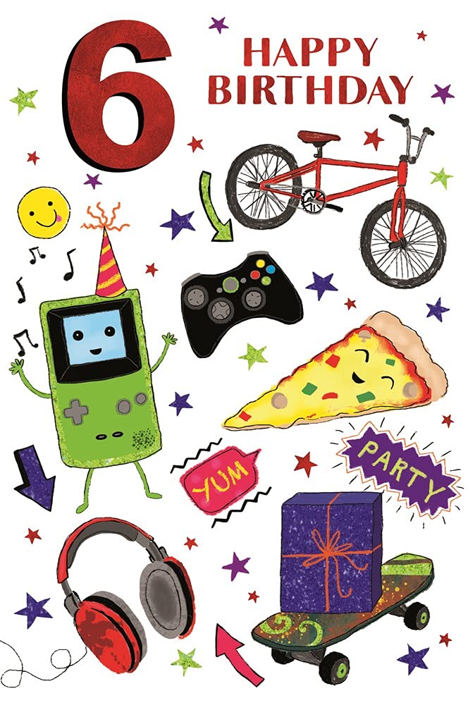 Age 6 Boy Birthday Card - 6th Birthday Bike Pizza Headphones & Stars 7.75 x 5.25