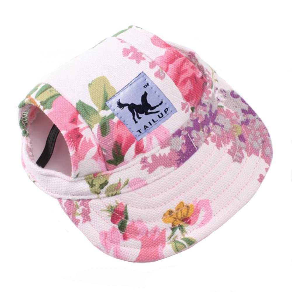 Leconpet Baseball Caps Hats with Neck Strap Adjustable Comfortable Ear Holes for Small Medium and Large Dogs in Outdoor Sun Protection (XL, Colour Flower)