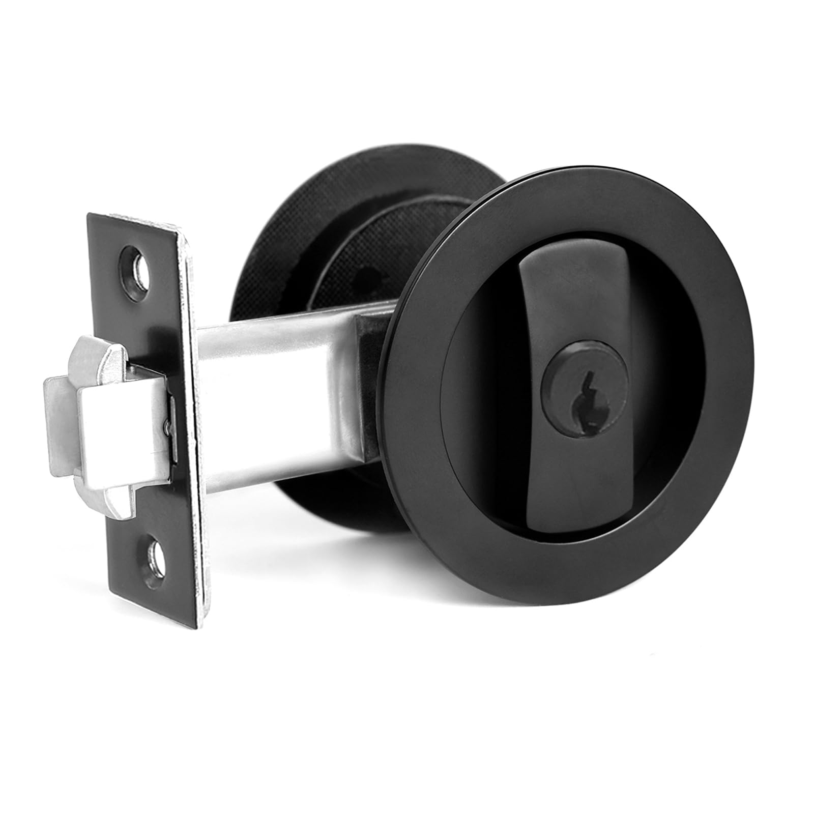 Photo 1 of Dontay Pocket Door Lock with Key, Contemporary Entrance Sliding Barn Door Lock Latch, Recessed 2 Sided, 2 3/8" Backset, Flush Handles Hardware (Excluding Edge Pull, Matte Black, Round - 1 Pack)