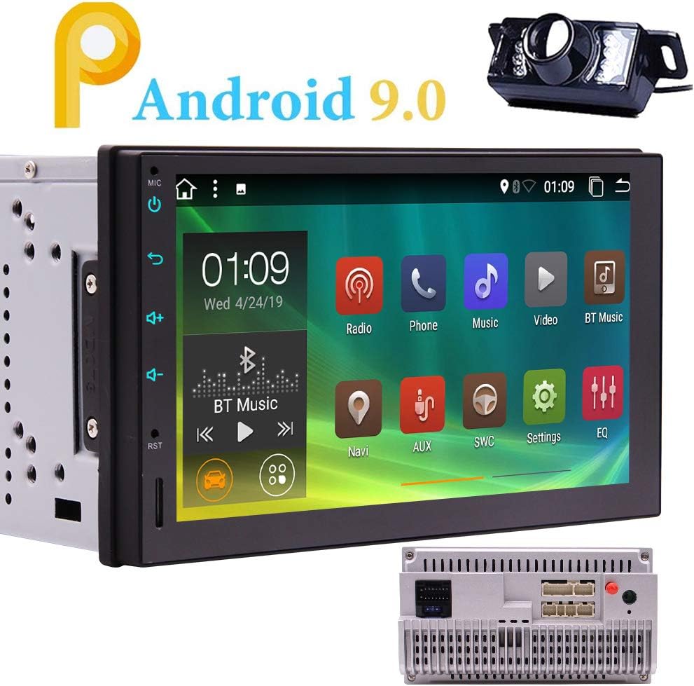 Android 9.0 Car Radio Bluetooth Double 2 Din Car Stereo with Backup Camera Standard in Dash 7 inch Capacitive Touch Screen 2Din Head Unit Support GPS WiF 4G USB SD Mirror Link Steering Wheel Control