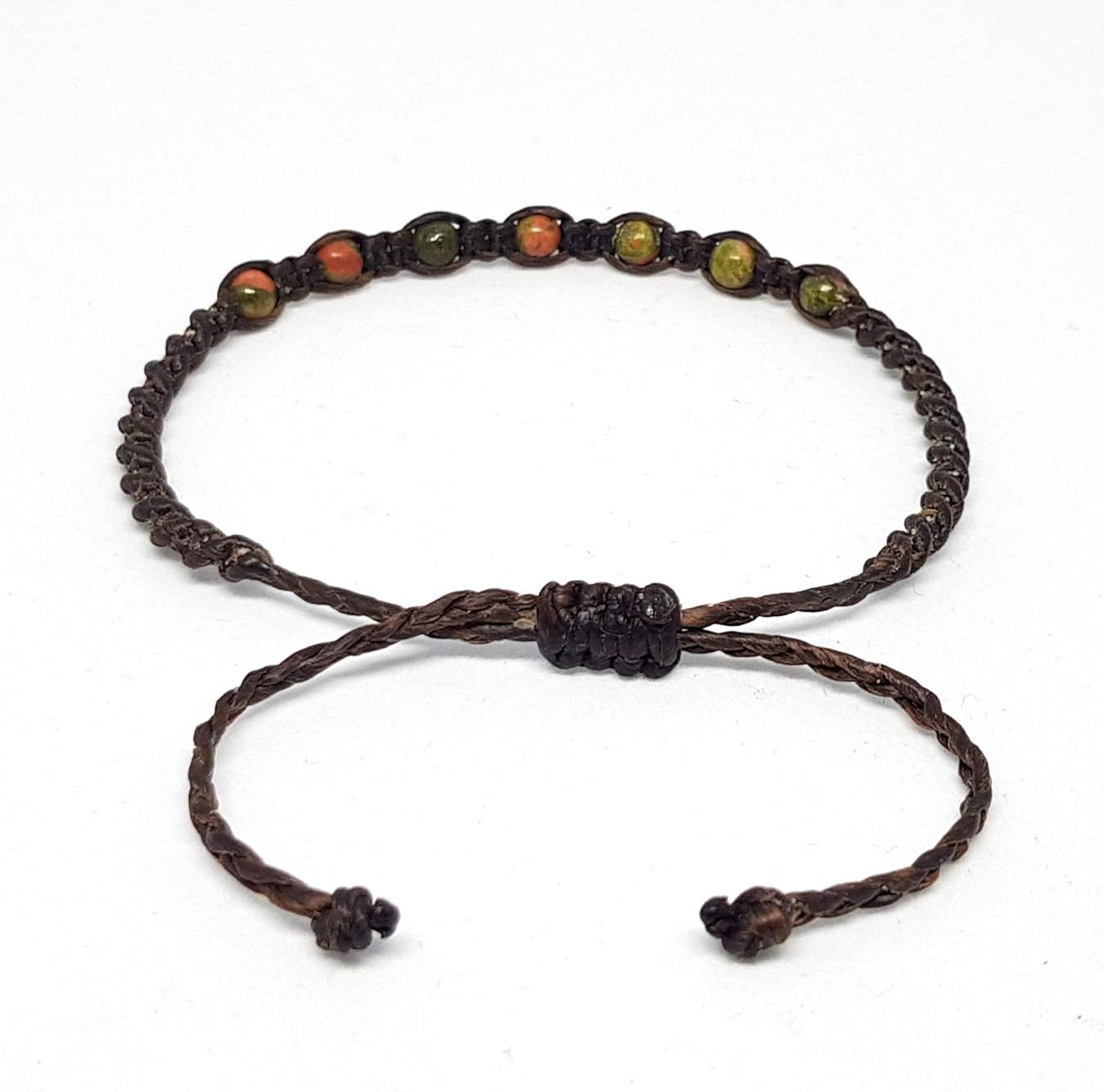 Origin Siam Handmade Gemstone Beaded Woven Bracelet, Green Pink Unakite - Image 3