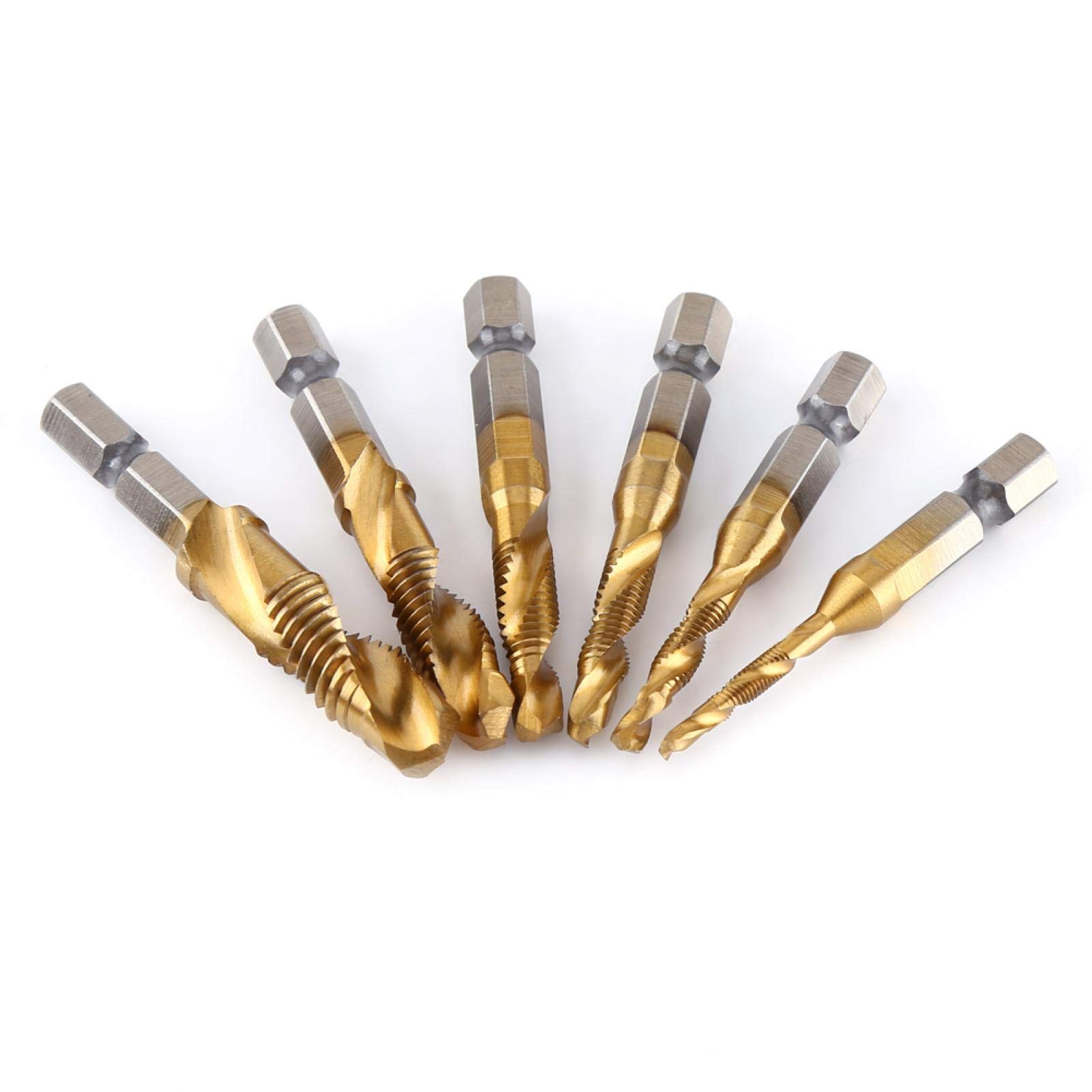 Drill and Tap Bit Set, 6 Pcs Thread Tap Kit Metric Thread M3-M10 Titanium Coated HSS Drill and Tap Bits 1/4" Hex Shank