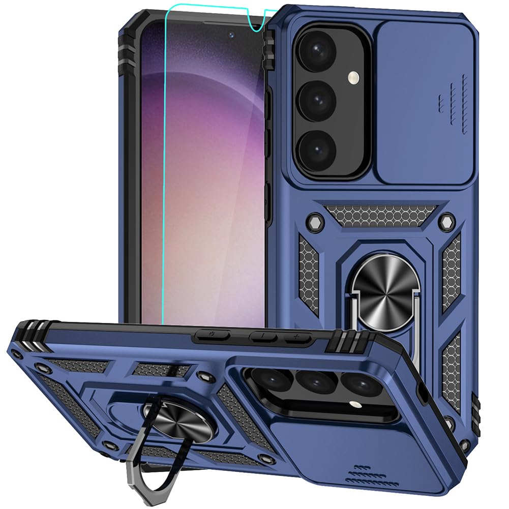 Photo 1 of for Samsung Galaxy S25 Ultra Case, Rubber Bumper Hard Plastic Phone Case with [Sliding Camera Lens Cover] [360° Rotatable Kickstand Ring] [HD Screen Protector] for Samsung Galaxy S25 Ultra Blue