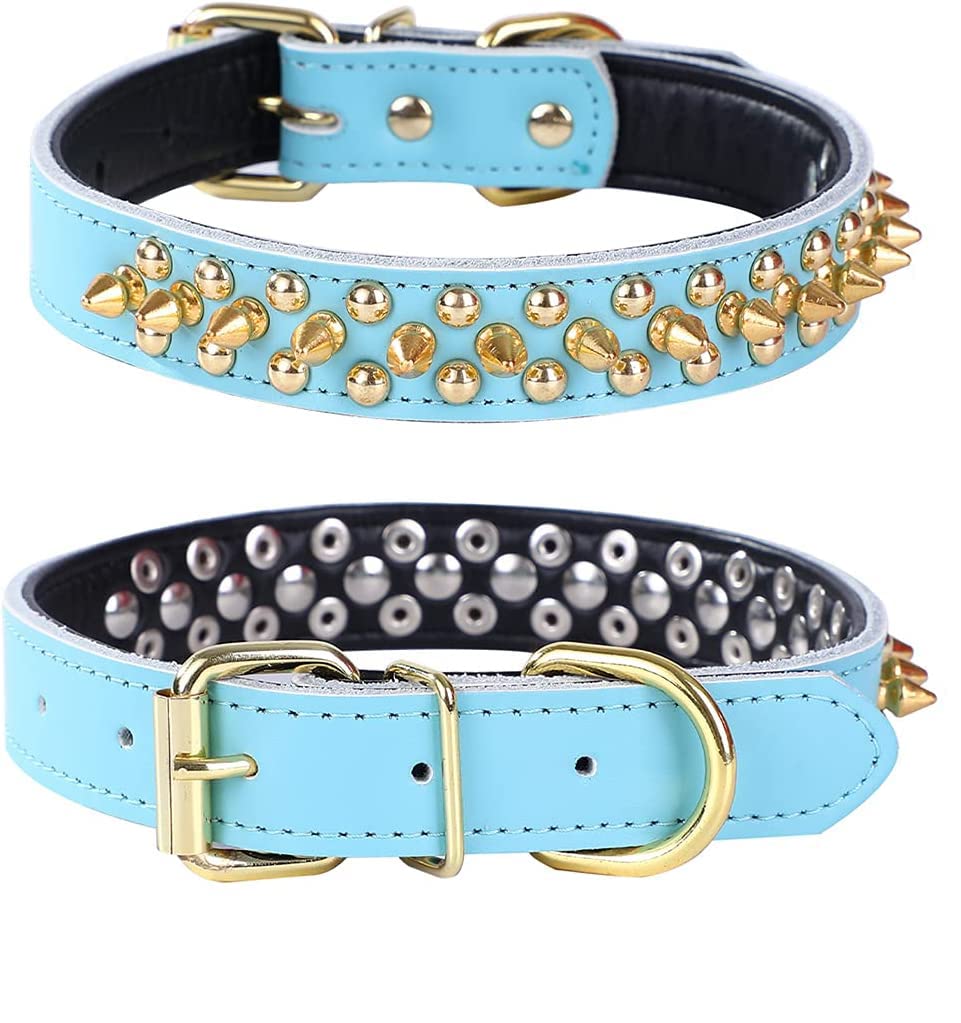 haoyueer Spiked Studded Dog Collar, Genuine Leather Dog Collar, Adjustable Pet Collars for Medium Large Bulldog Pitbull Mastiff Poodle Boxer (S, Blue)