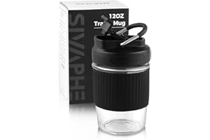 Sivaphe Reusable Glass Coffee Cup 12 oz, Portable Travel Mug with Spill-Proof Lid and Protect Sleeve for Home Office Black