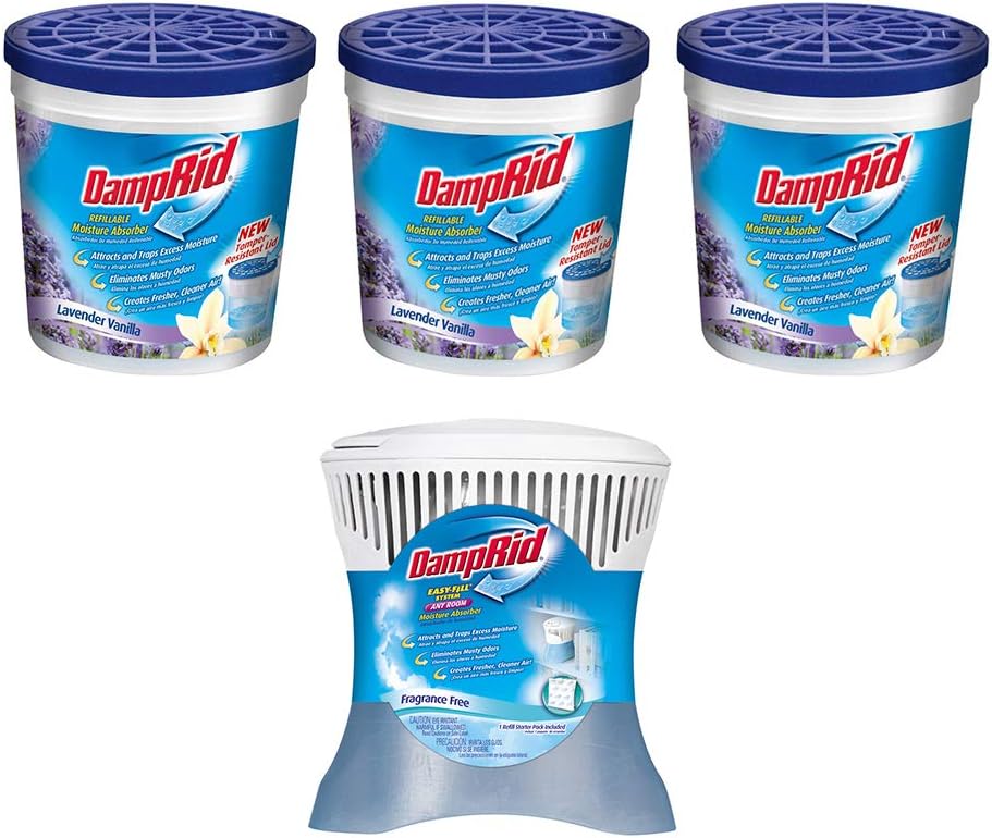 Damp Rid Moisture Absorber DampRid Easy-Fill System Fragnance Free & DampRid Refillable Moisture Absorber, Lavender Vanilla