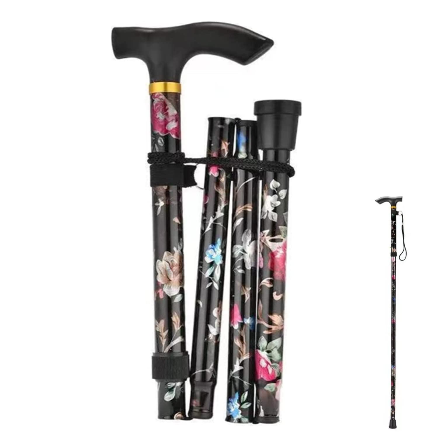 Black Floral Walking Sticks for Women - Lightweight, Adjustable & Easy Folding